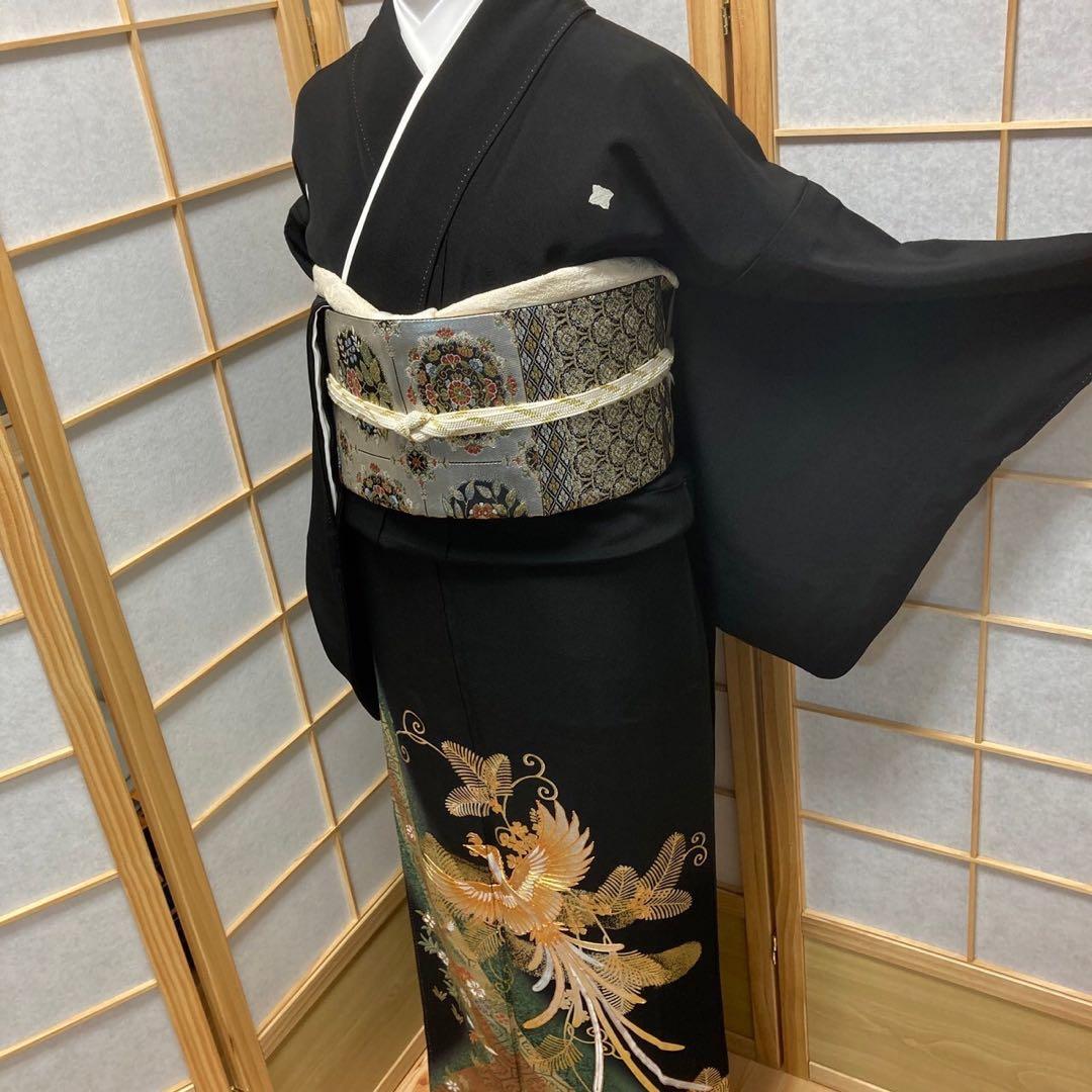 ［1003］黒留袖 美品 鳳凰蜀江 比翼付 五つ紋 違柏 金彩 正絹 着物 袷