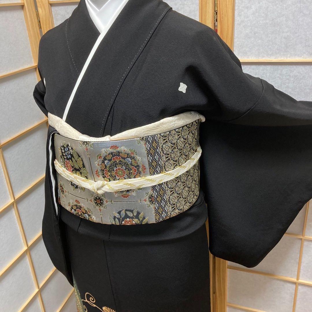 ［1003］黒留袖 美品 鳳凰蜀江 比翼付 五つ紋 違柏 金彩 正絹 着物 袷