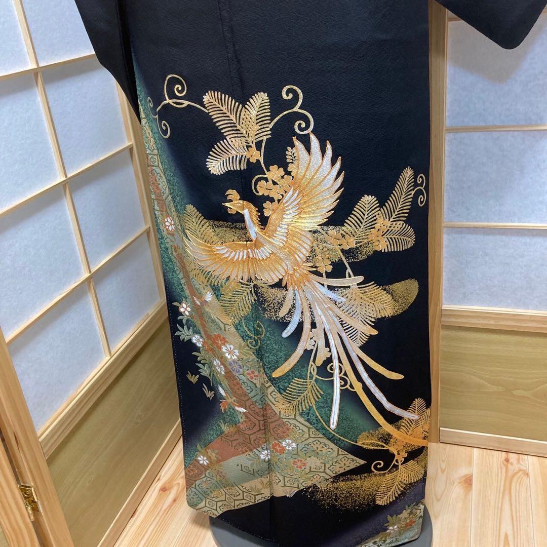 ［1003］黒留袖 美品 鳳凰蜀江 比翼付 五つ紋 違柏 金彩 正絹 着物 袷