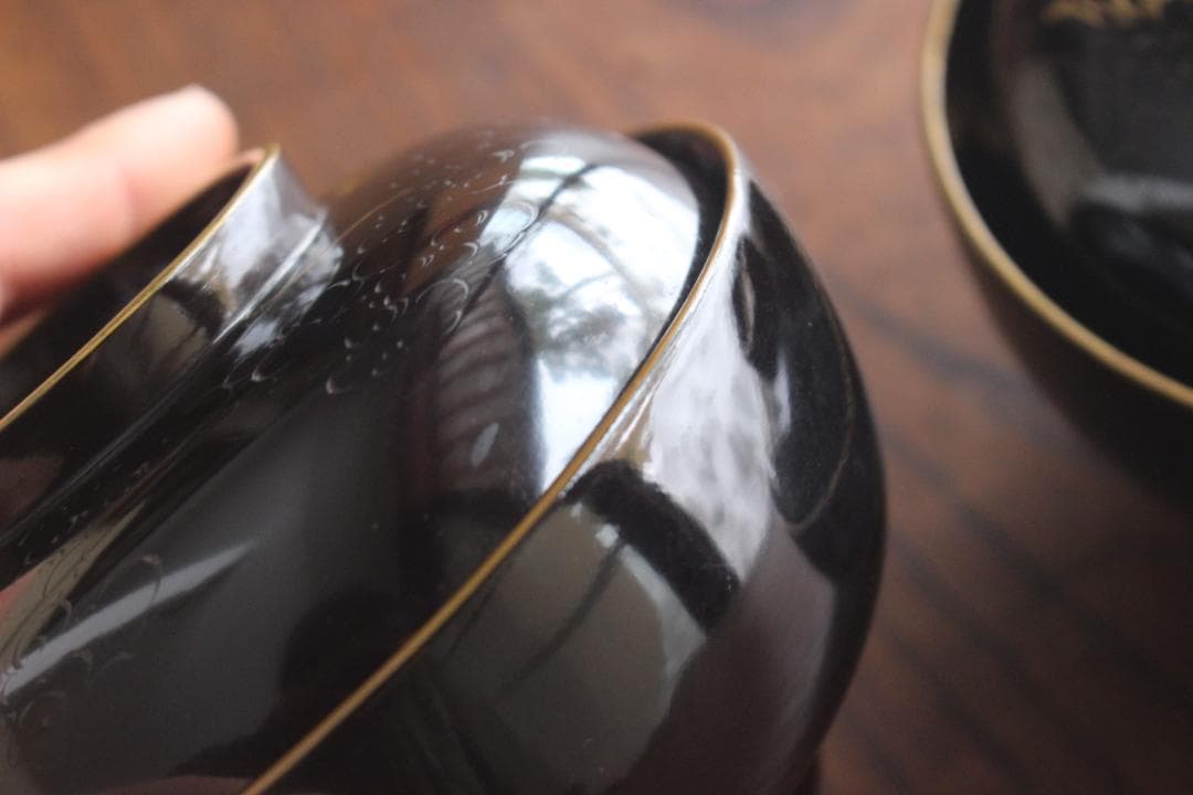 時代逸品！時代金縁黒漆に極上龍富士山沈金の映えるお椀2点（検輪島塗沈金椀懐石椀