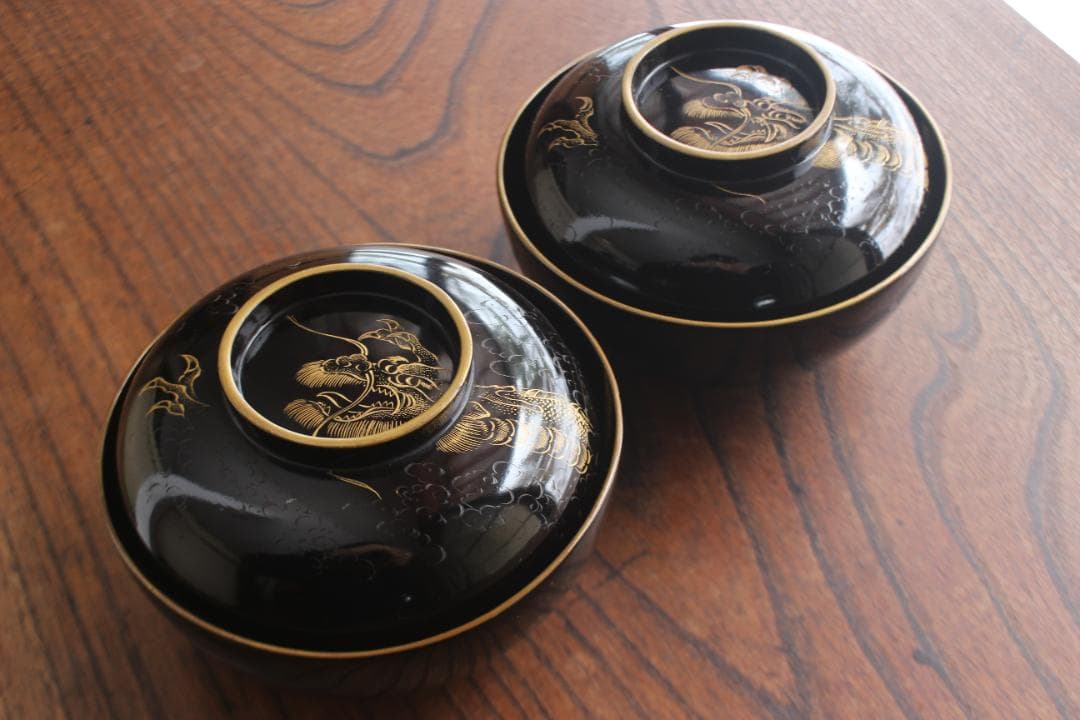 時代逸品！時代金縁黒漆に極上龍富士山沈金の映えるお椀2点（検輪島塗沈金椀懐石椀