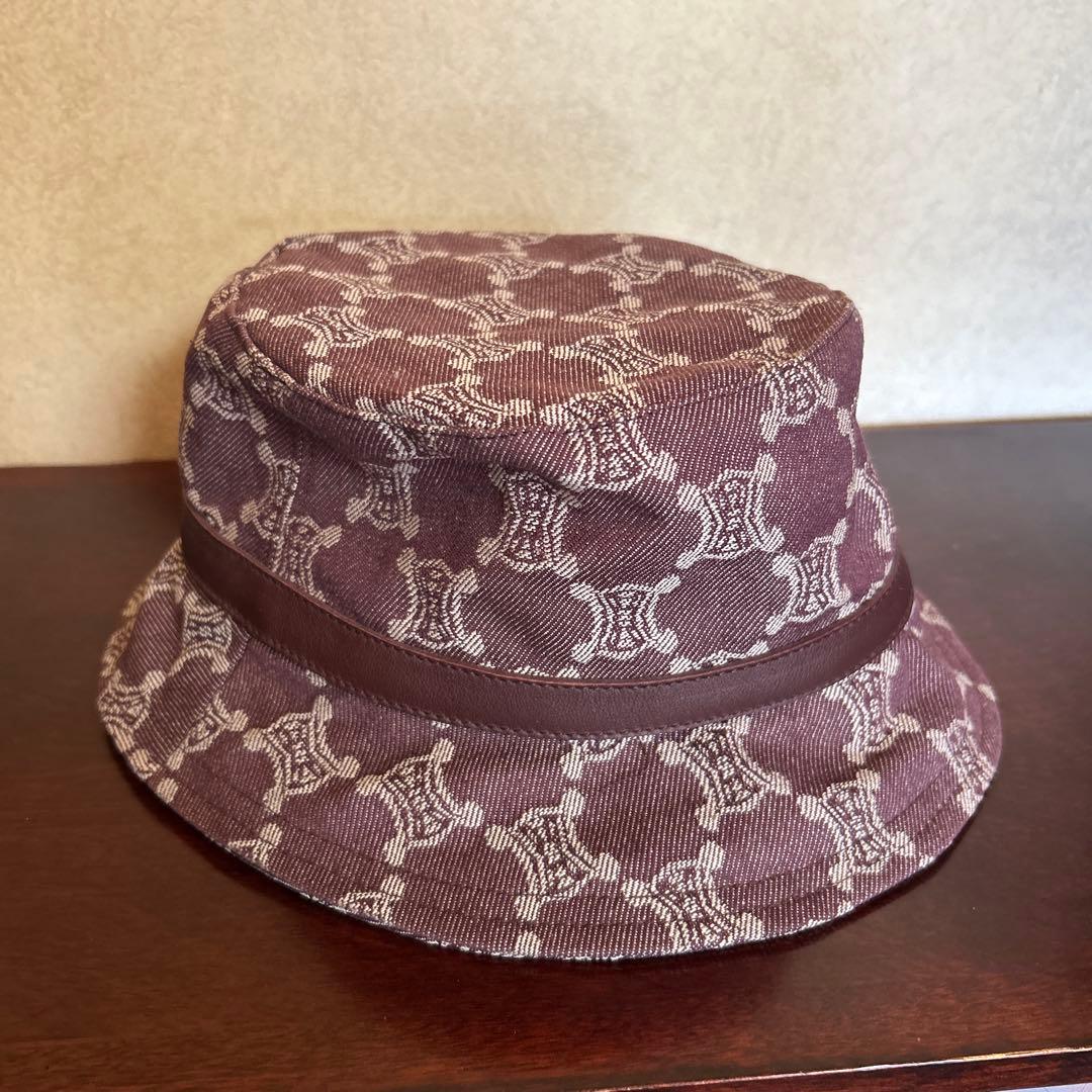 CELINE バケットハット デニム トリオンフ 総柄 Mサイズ　ワイン色　匿名