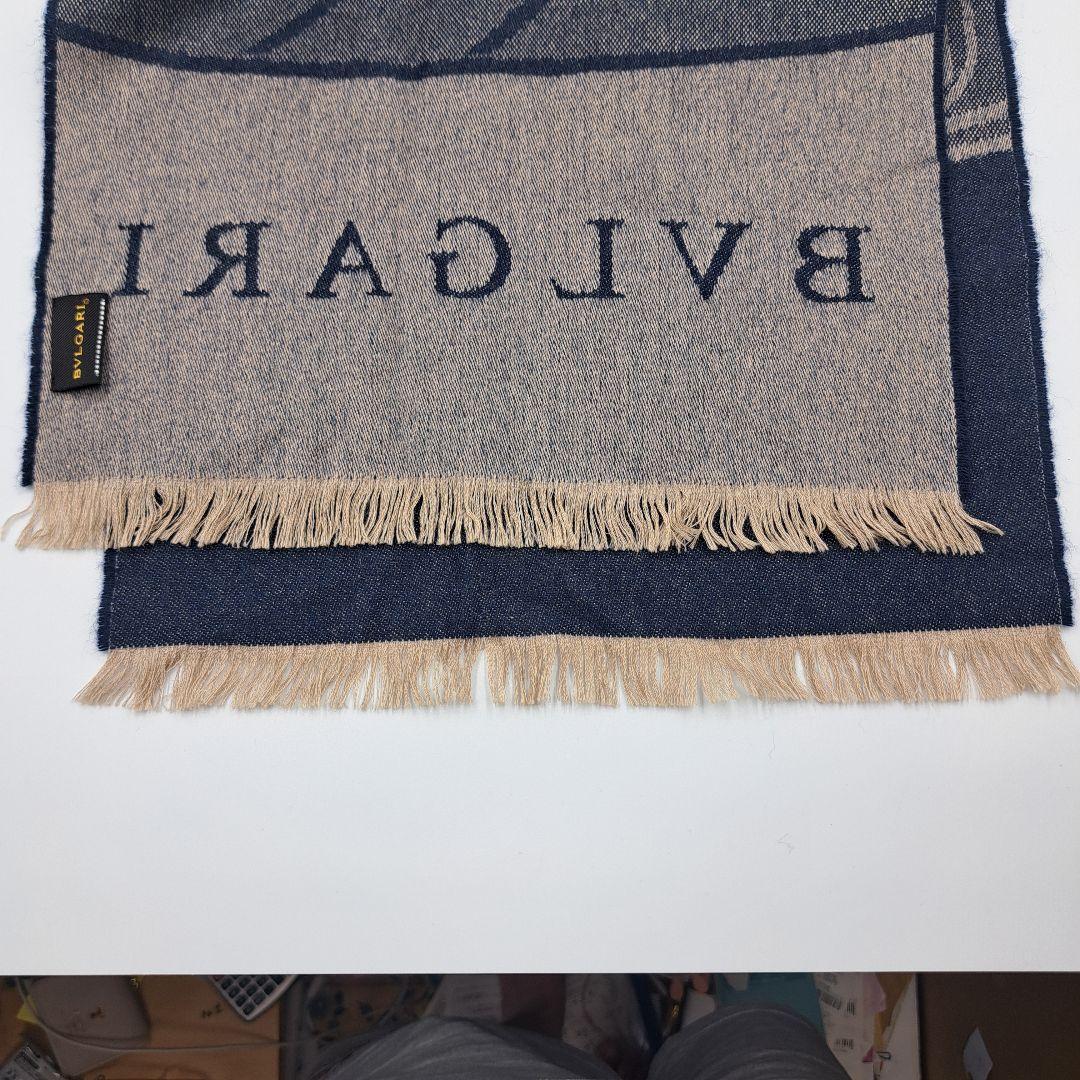 BVLGARI ロゴ入りフリンジネイビーグレー マフラーストールシルクカシミア