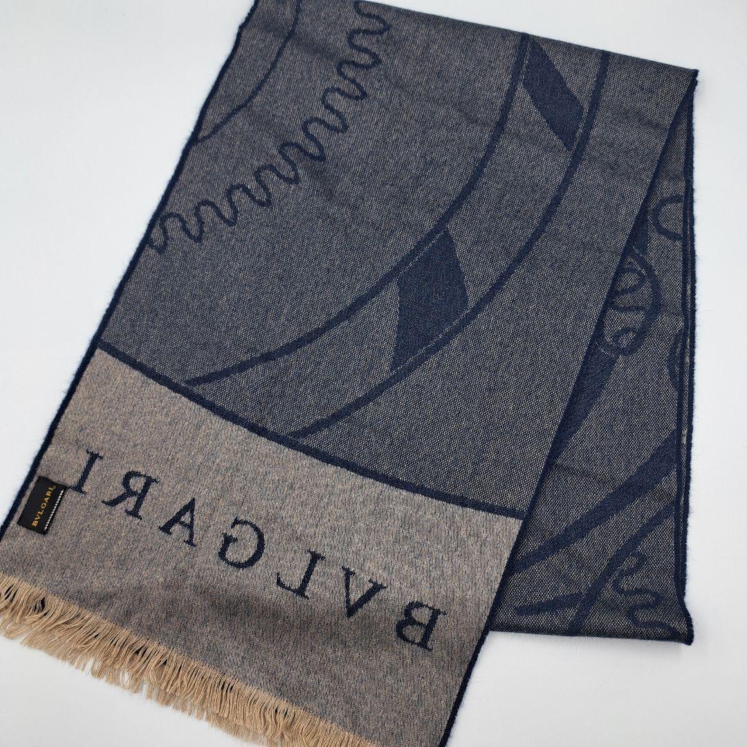 BVLGARI ロゴ入りフリンジネイビーグレー マフラーストールシルクカシミア