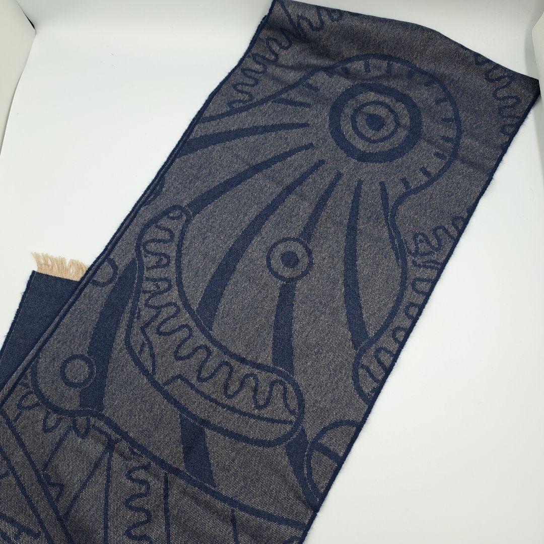 BVLGARI ロゴ入りフリンジネイビーグレー マフラーストールシルクカシミア