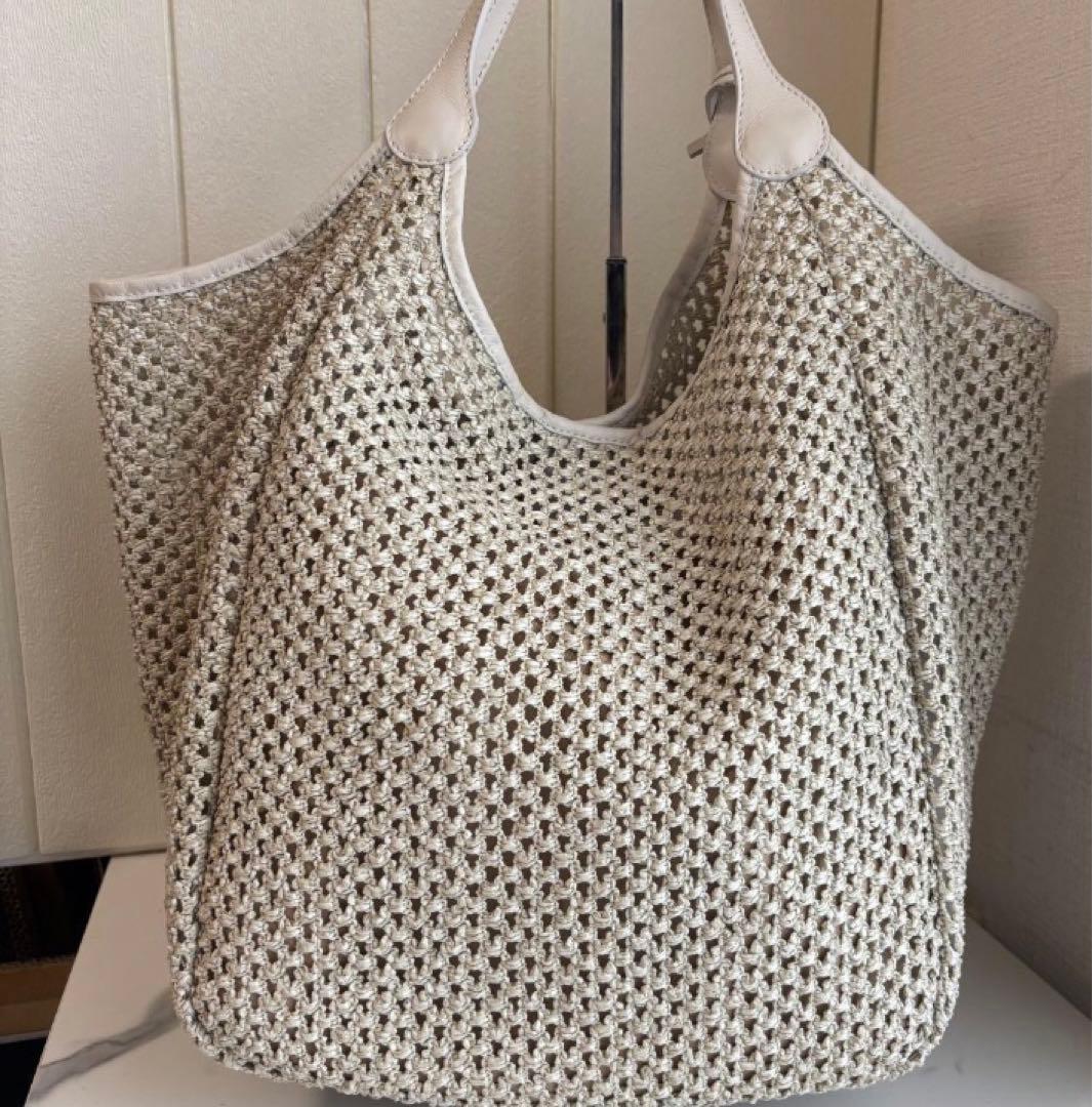 【美品】MARCO MASI　カゴトート　ラフィア×レザー　ホワイト　メッシュ