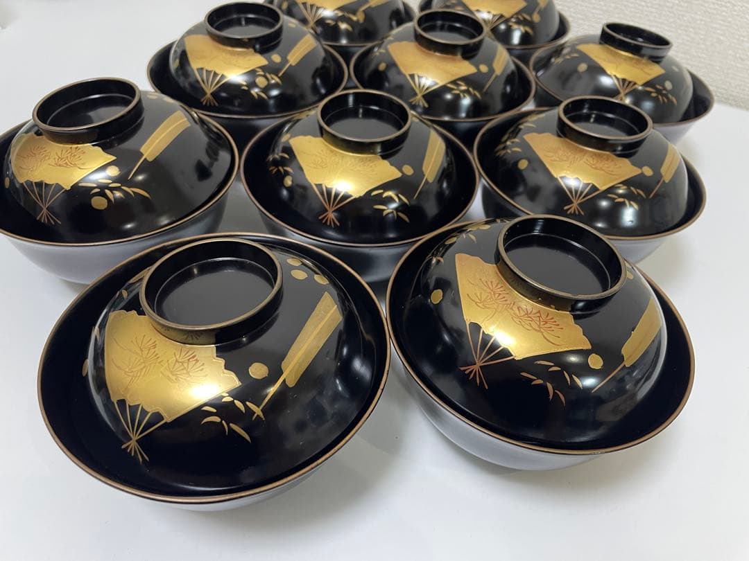 漆器 輪島塗 金蒔絵 扇柄 黒 内黒 吸物 割烹 蓋付き10客個 お煮物椀