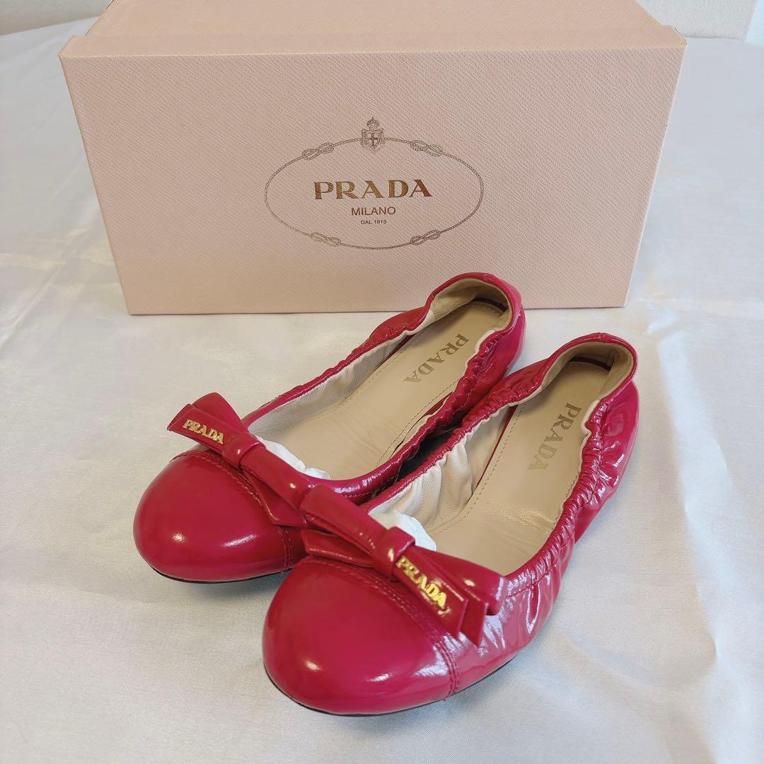 PRADA パンプス バレエシューズ プラダ フラット ピンク 38 リボン