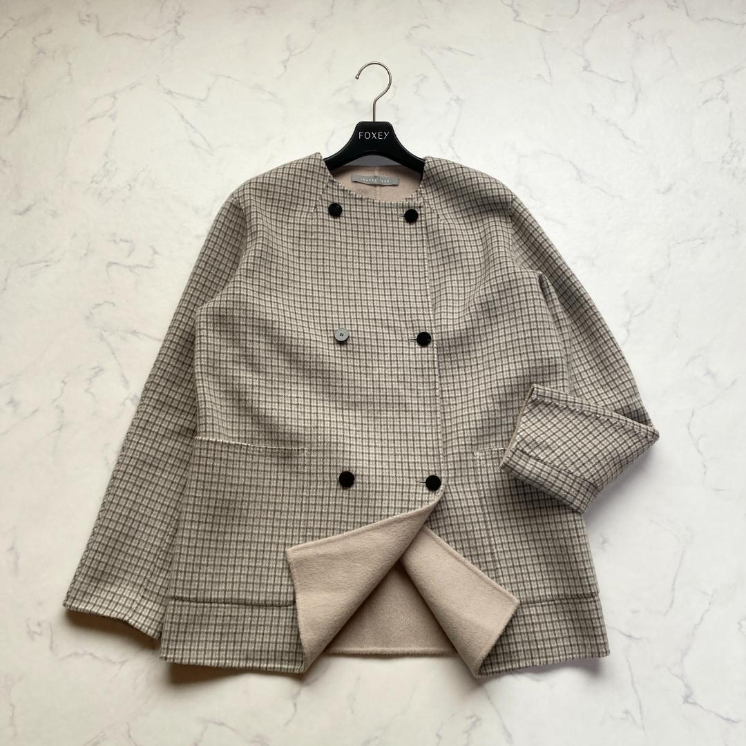 美品✨22AW セオリーリュクス 格子柄 リバー カシミヤ混ショートコート38