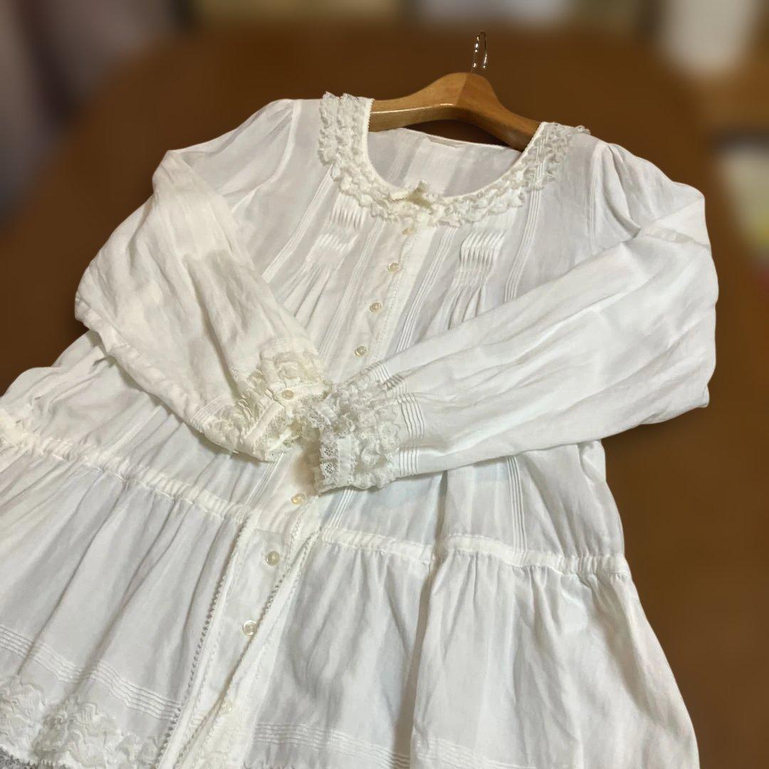 ピンクハウス　チュニック　ブラウス　ホワイト　ピンタック　レースフリル　長袖