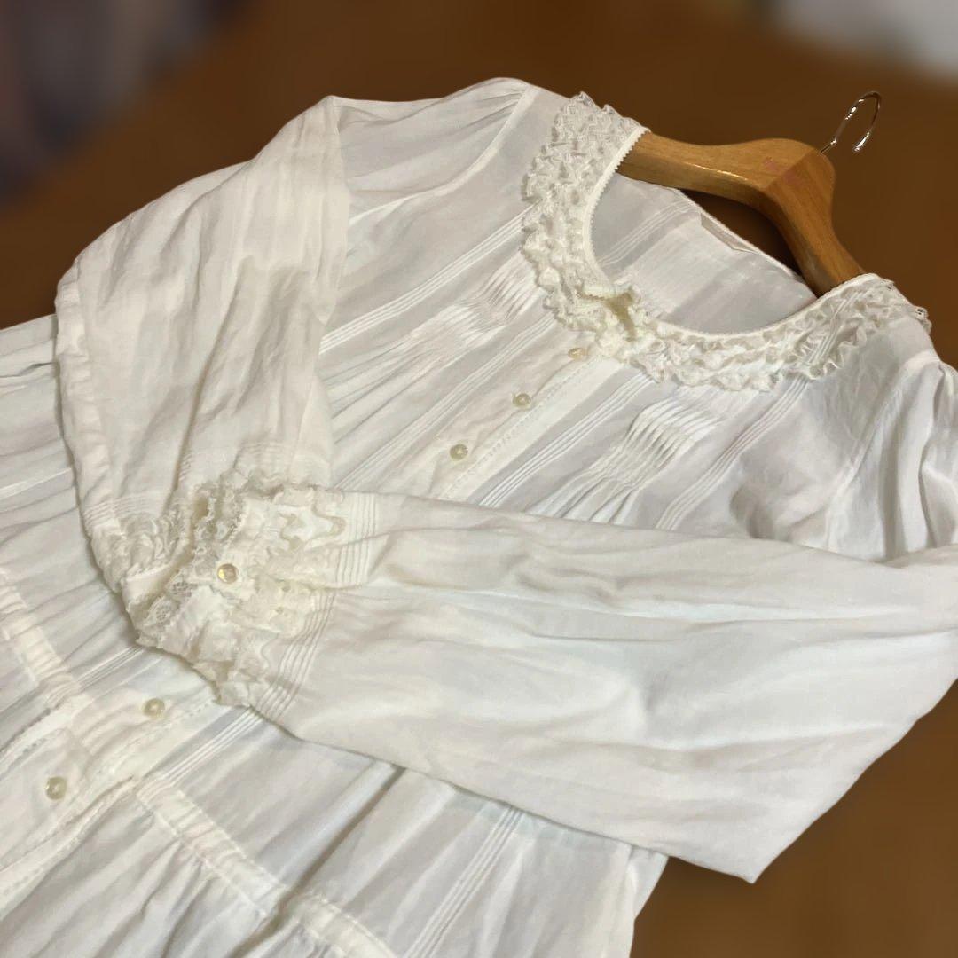 ピンクハウス　チュニック　ブラウス　ホワイト　ピンタック　レースフリル　長袖