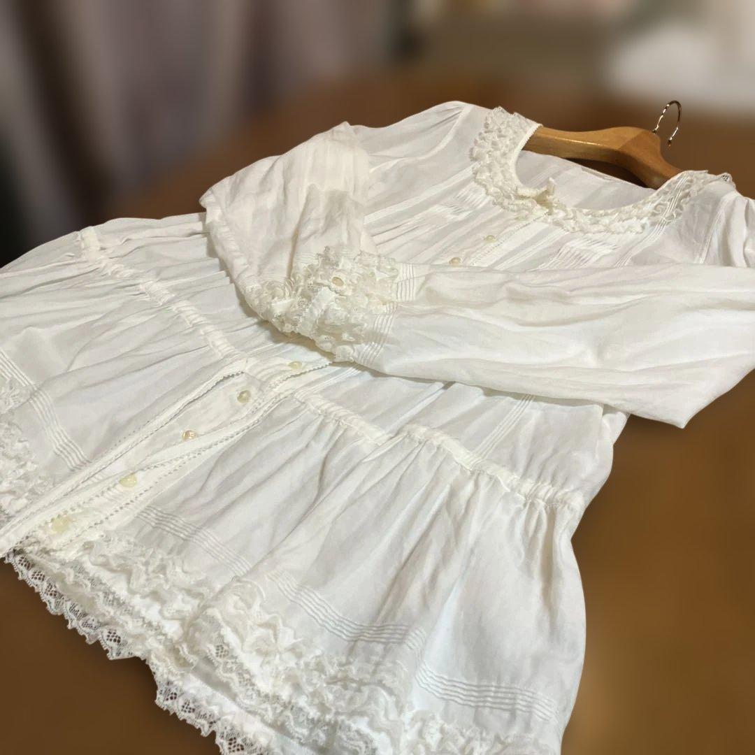 ピンクハウス　チュニック　ブラウス　ホワイト　ピンタック　レースフリル　長袖