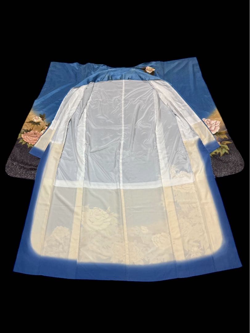 ブルー系の素敵な振袖・袋帯・帯揚げ・帯締めセット セミアンティーク ヴィンテージ