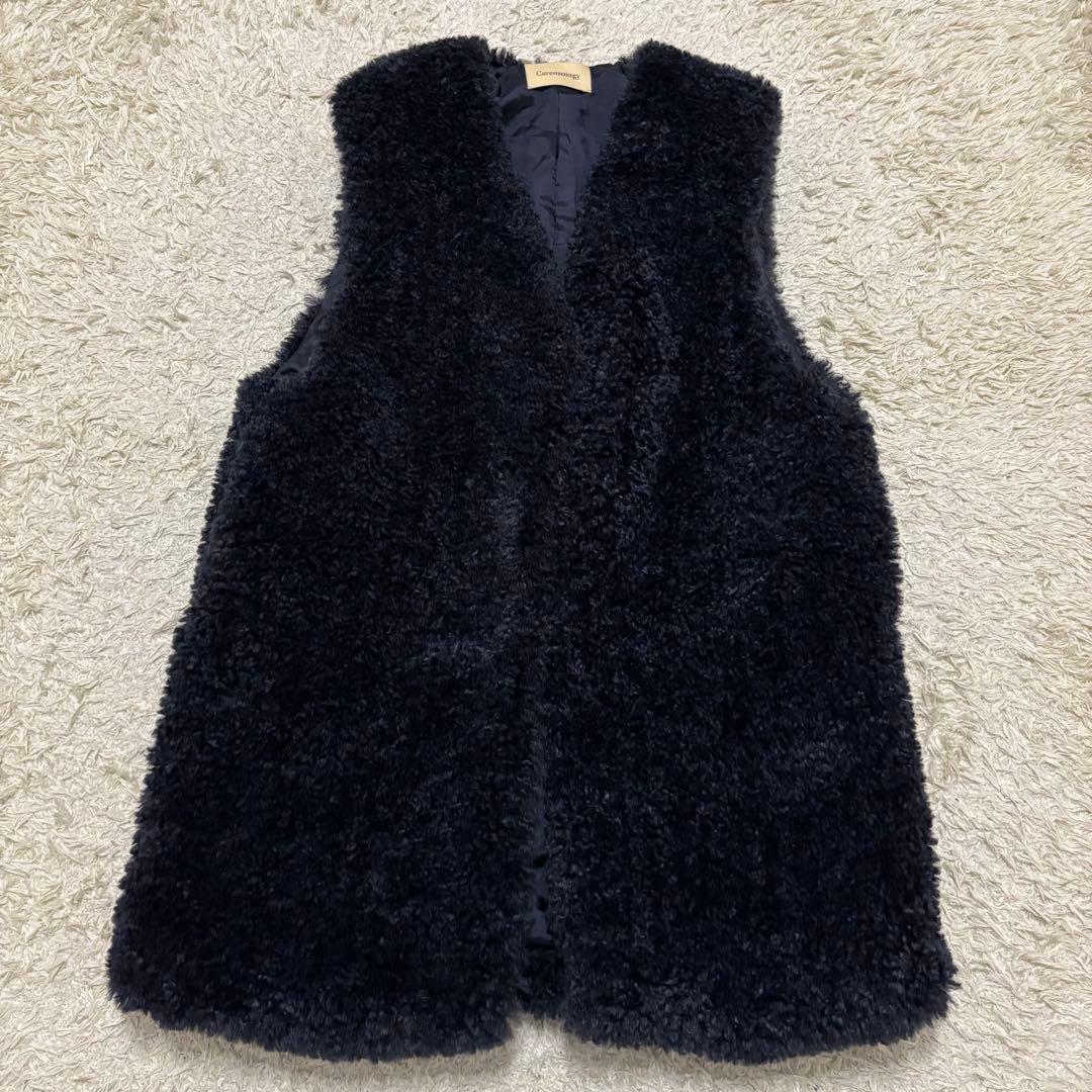 極美品　2023 カレンソロジー　シープライクファーベスト　黒　ロングジレ　ボア