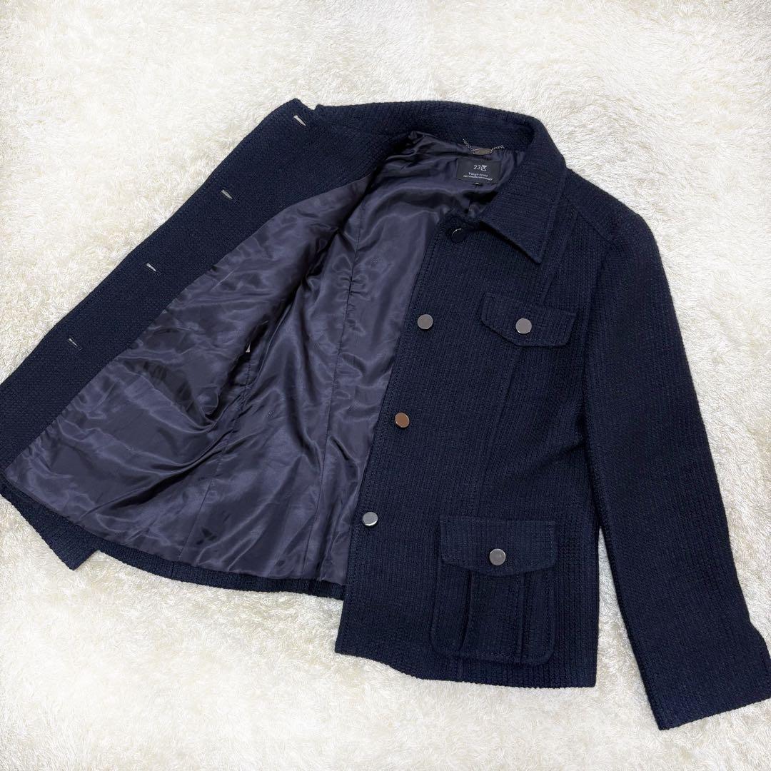 【美品】23区　ツイード　ウール　ジャケット　ネイビー　大きめサイズ　48 5L