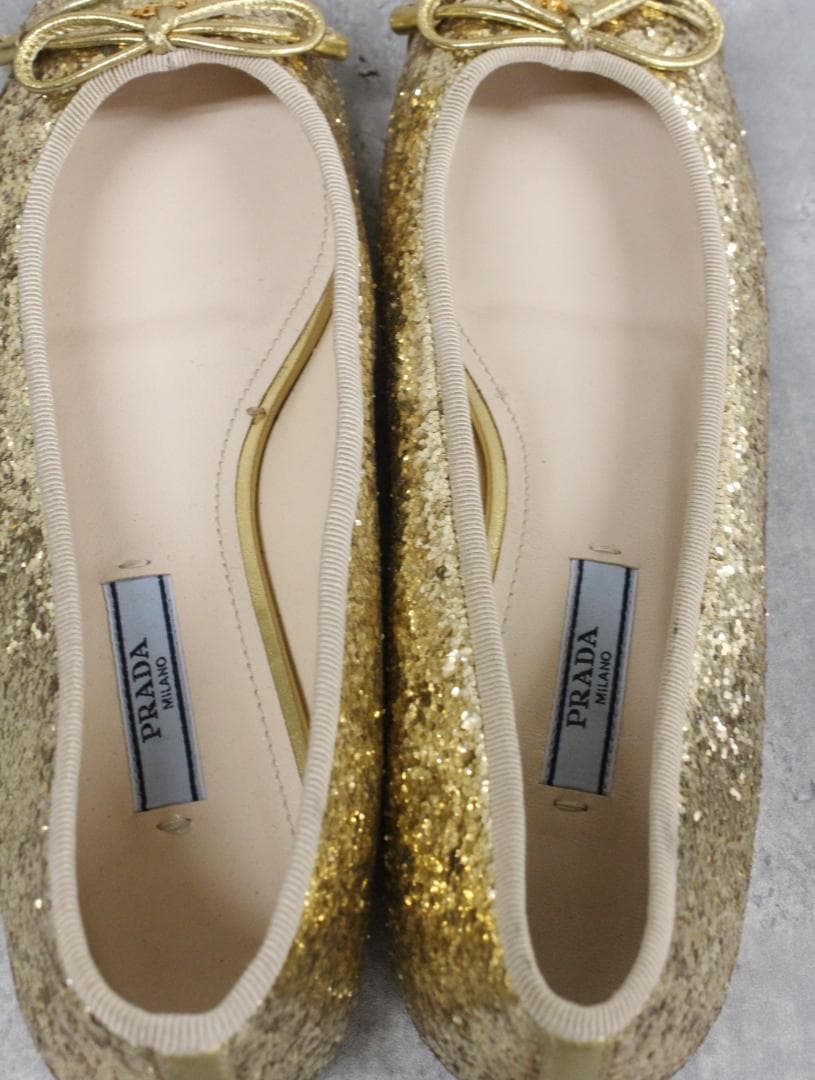 ▲PRADA/プラダ グリッター フラットシューズ ゴールド