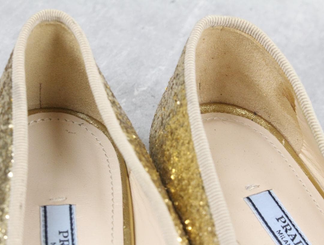 ▲PRADA/プラダ グリッター フラットシューズ ゴールド