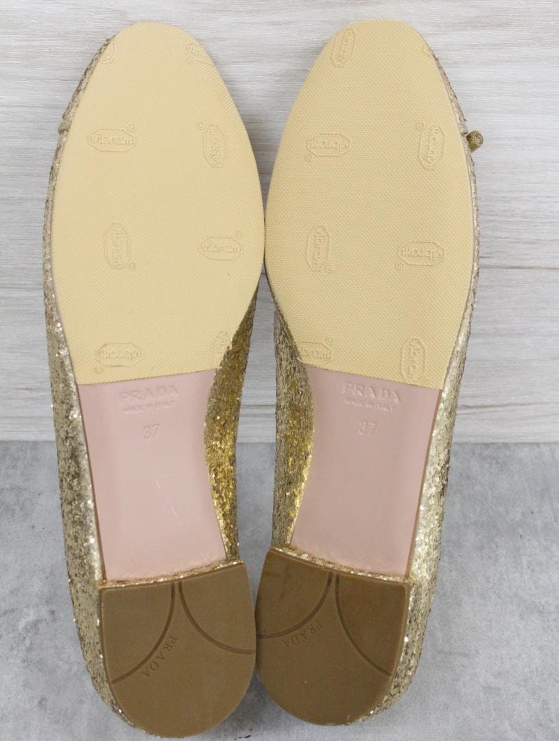 ▲PRADA/プラダ グリッター フラットシューズ ゴールド