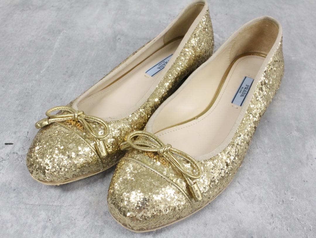 ▲PRADA/プラダ グリッター フラットシューズ ゴールド