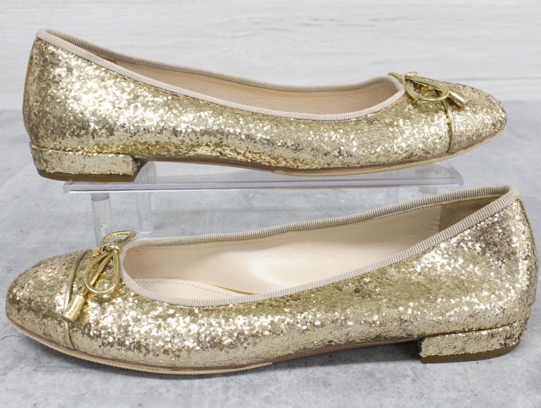 ▲PRADA/プラダ グリッター フラットシューズ ゴールド