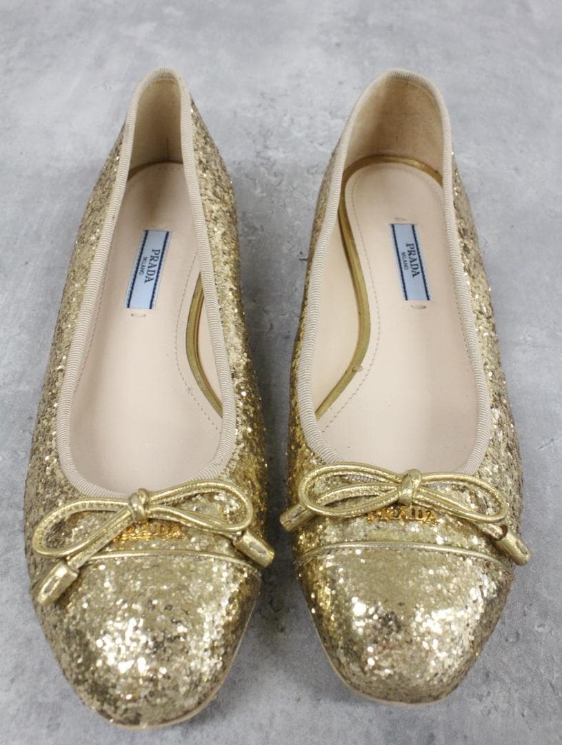 ▲PRADA/プラダ グリッター フラットシューズ ゴールド