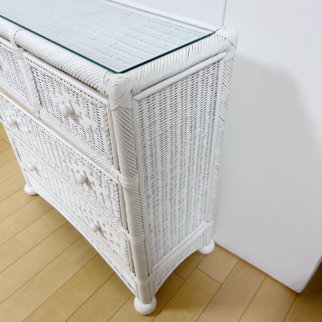 フレンチカントリーラタン　籐　3段チェスト　ホワイトラタン　丸脚　白家具　姫家具