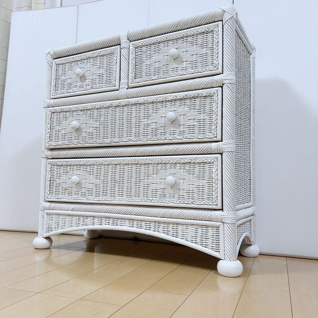 フレンチカントリーラタン　籐　3段チェスト　ホワイトラタン　丸脚　白家具　姫家具
