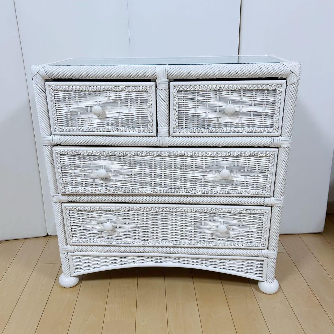 フレンチカントリーラタン　籐　3段チェスト　ホワイトラタン　丸脚　白家具　姫家具