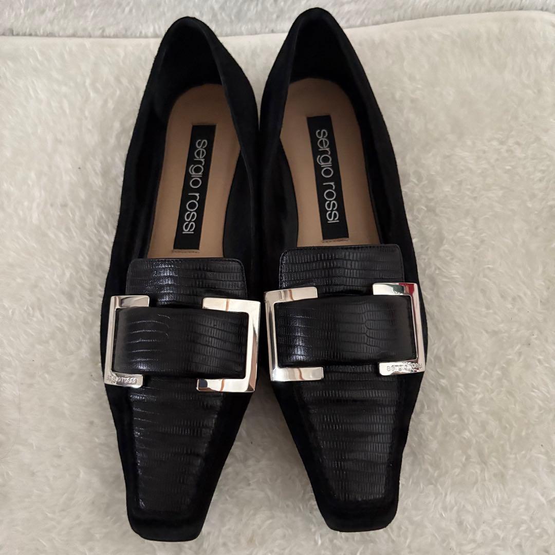 美品✨sergio rossi バックル付き クロコ型押し スクエアトゥ