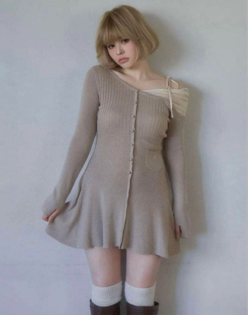 andmary Helen knit flare mini dress ベージュ