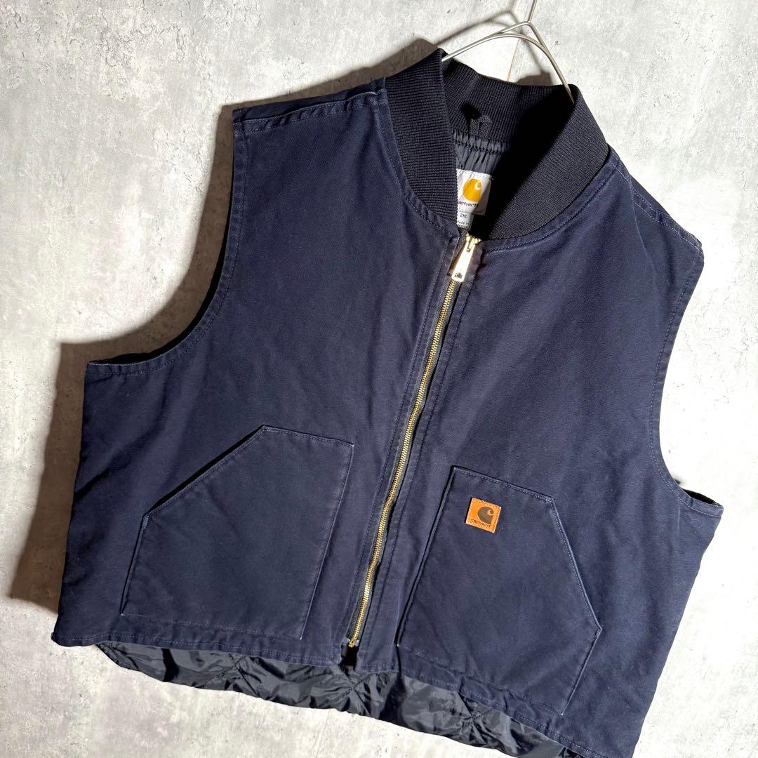 ⭐️希少⭐️カーハート ダック地ベスト 2XL 企業物 刺繍 ネイビー V01
