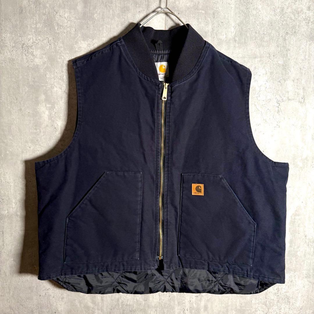 ⭐️希少⭐️カーハート ダック地ベスト 2XL 企業物 刺繍 ネイビー V01
