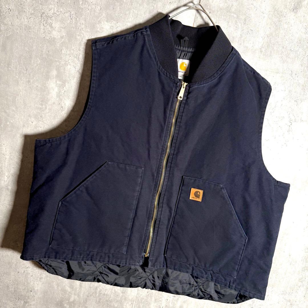 ⭐️希少⭐️カーハート ダック地ベスト 2XL 企業物 刺繍 ネイビー V01