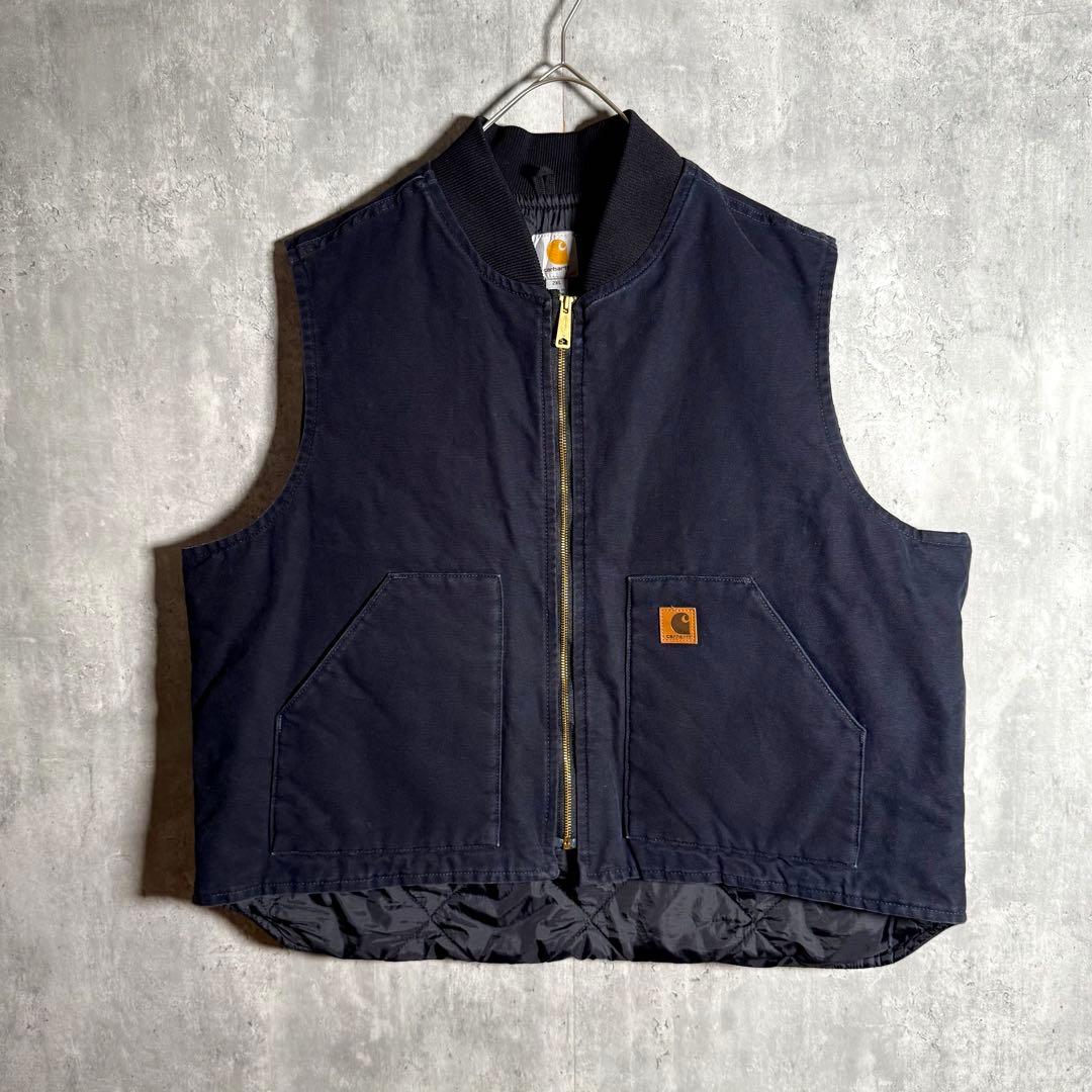 ⭐️希少⭐️カーハート ダック地ベスト 2XL 企業物 刺繍 ネイビー V01
