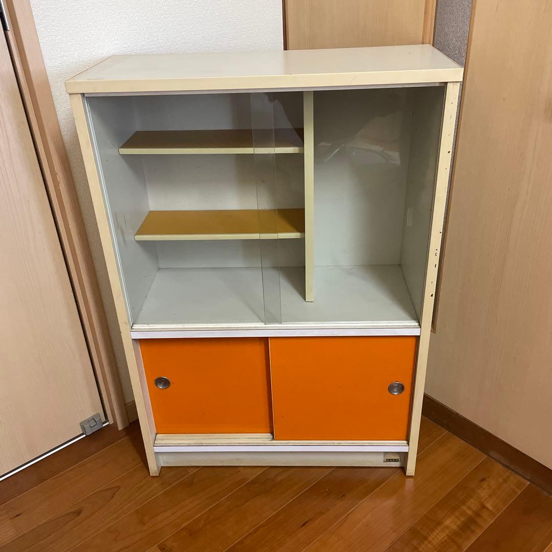 昭和レトロ 食器棚 ガラスキャビネット ガラス棚 レトロポップ オレンジ