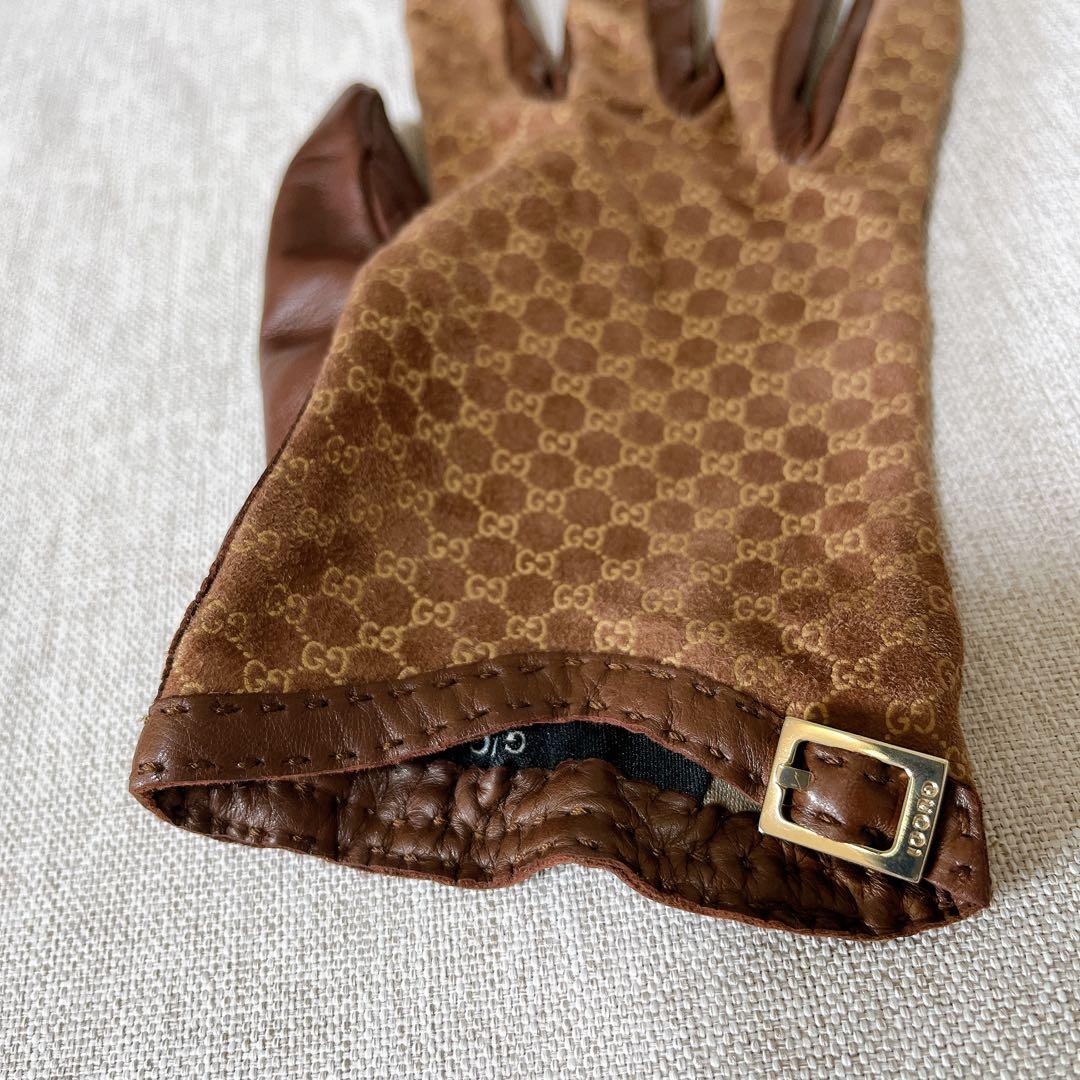 【希少•美品】GUCCI グッチ グローブ 手袋 レザー シルク マイクロ シマ