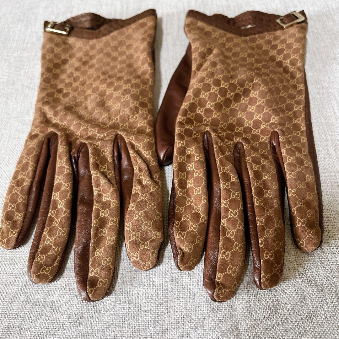 【希少•美品】GUCCI グッチ グローブ 手袋 レザー シルク マイクロ シマ