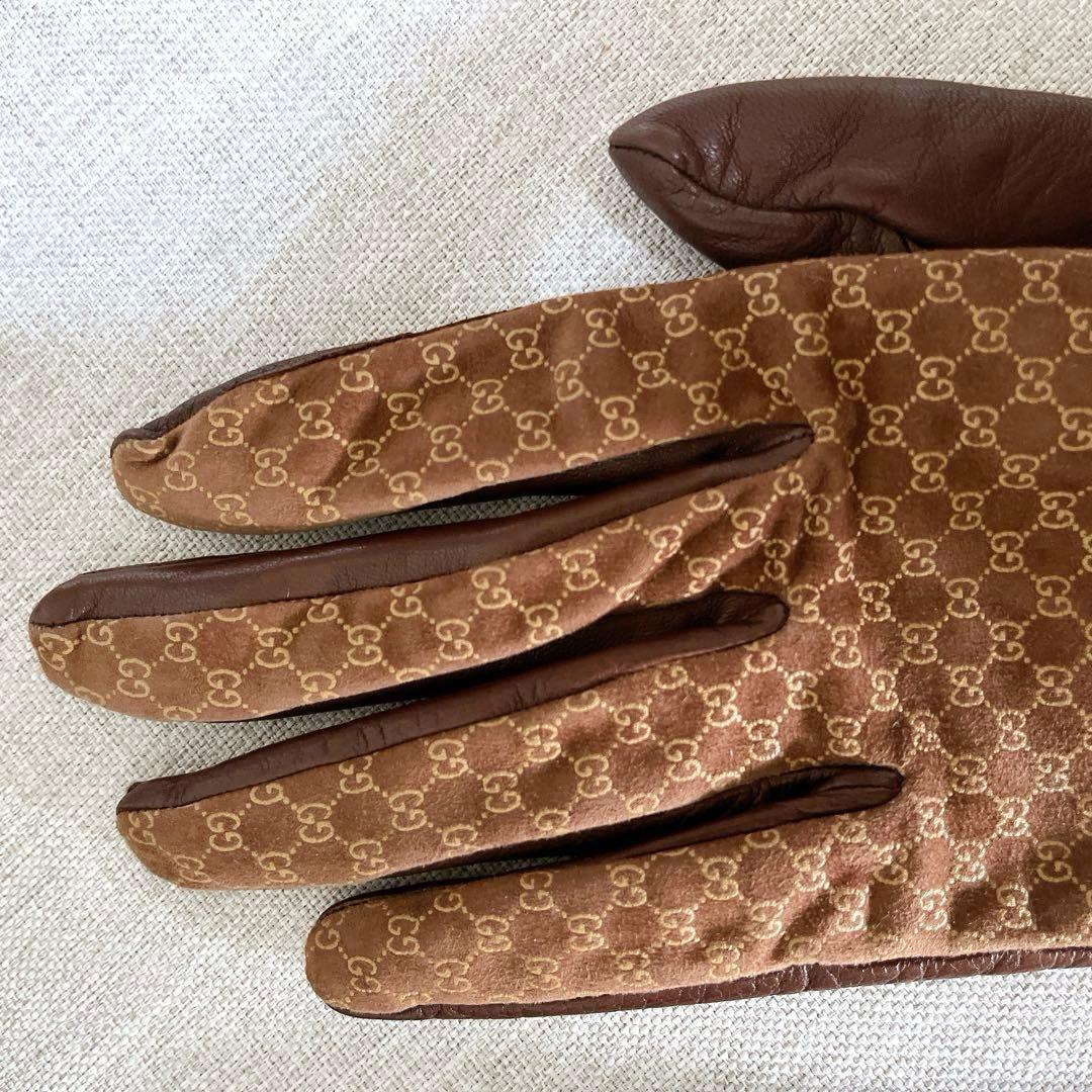 【希少•美品】GUCCI グッチ グローブ 手袋 レザー シルク マイクロ シマ