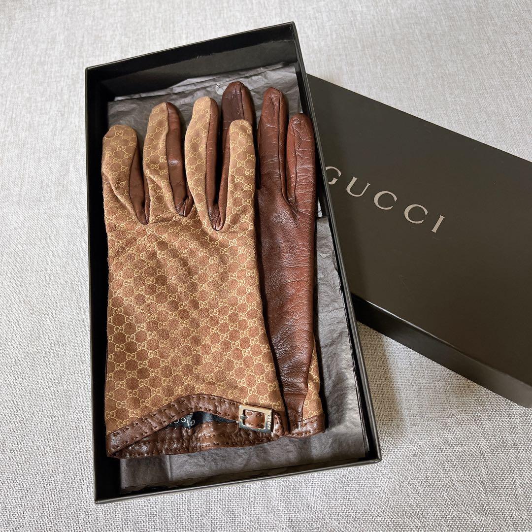 【希少•美品】GUCCI グッチ グローブ 手袋 レザー シルク マイクロ シマ