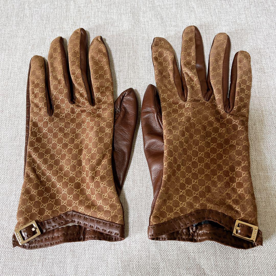 【希少•美品】GUCCI グッチ グローブ 手袋 レザー シルク マイクロ シマ