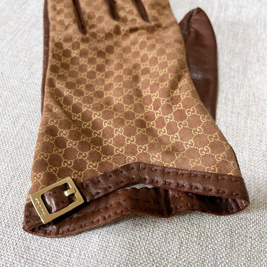 【希少•美品】GUCCI グッチ グローブ 手袋 レザー シルク マイクロ シマ