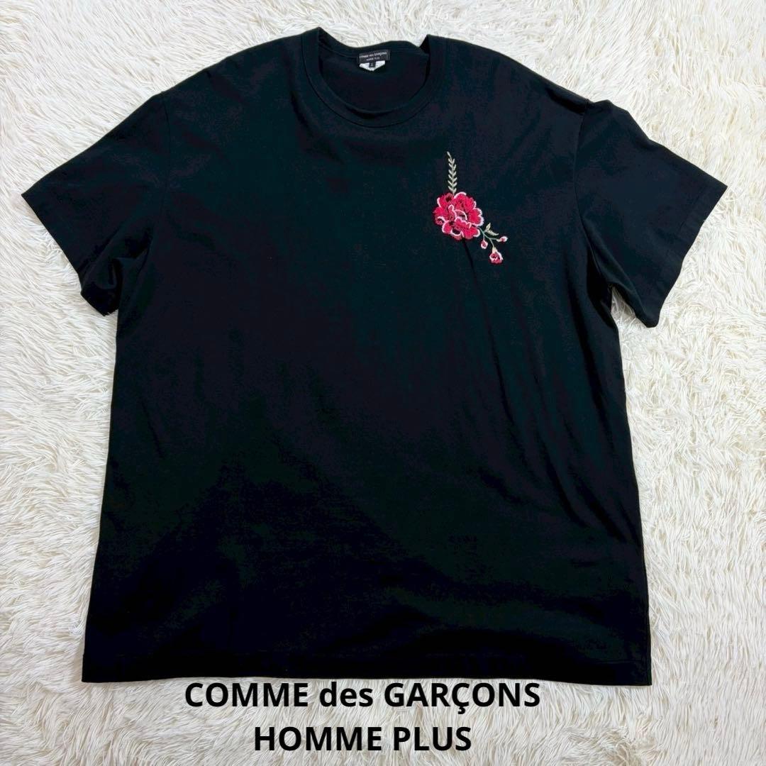 コムデギャルソンオムプリュス 刺繍Tシャツ 花柄 黒 L 日本製 AD2021