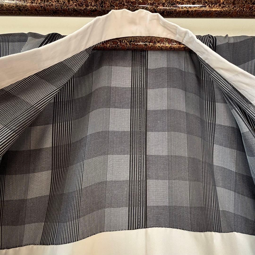 超美品　長襦袢　現代　正絹　着物　袖無双　グレー　黒　チェック柄　123裄65