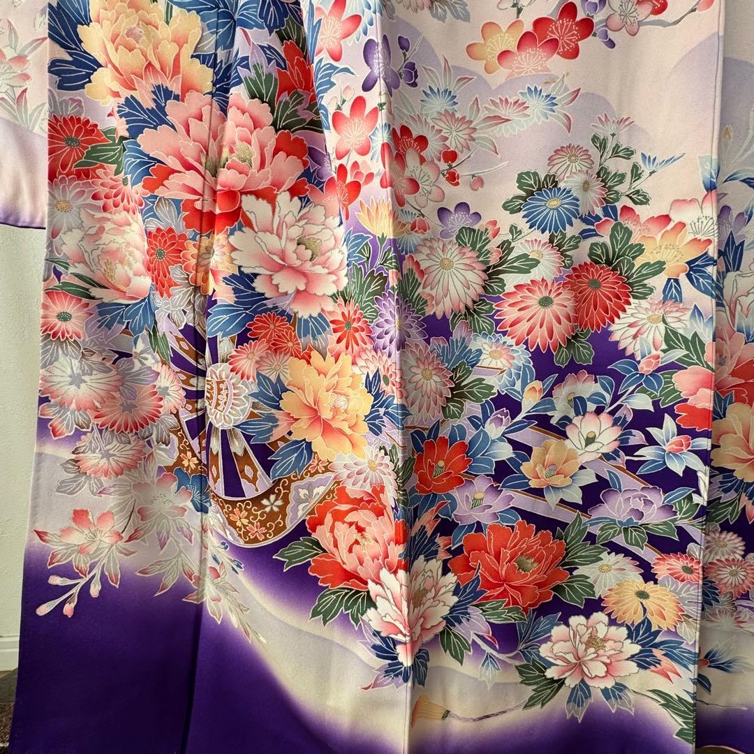 超美品　現代　振袖　成人式　着物　正絹　163裄67 ピンク　紫　パステル