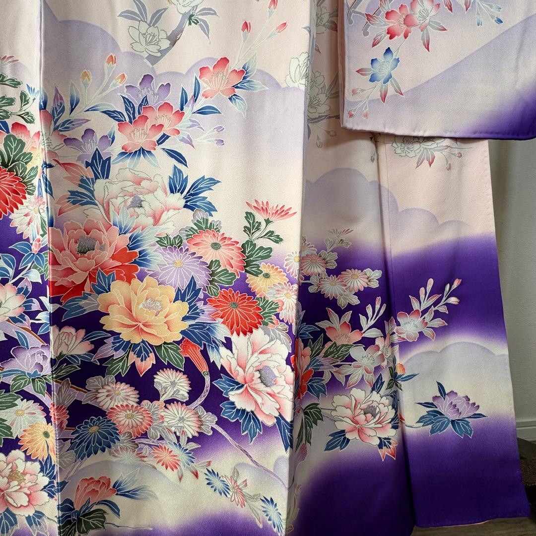 超美品　現代　振袖　成人式　着物　正絹　163裄67 ピンク　紫　パステル