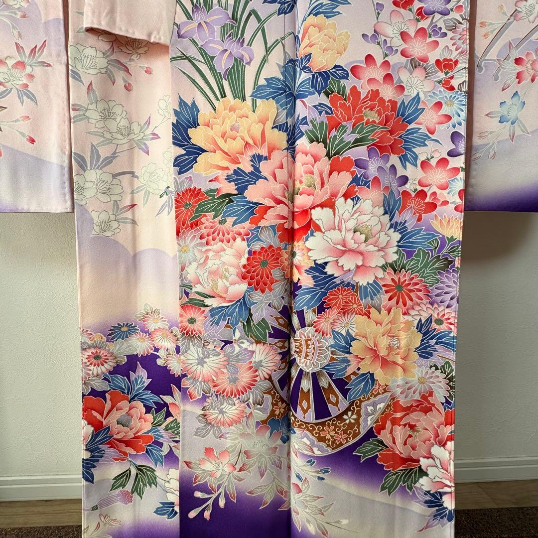 超美品　現代　振袖　成人式　着物　正絹　163裄67 ピンク　紫　パステル