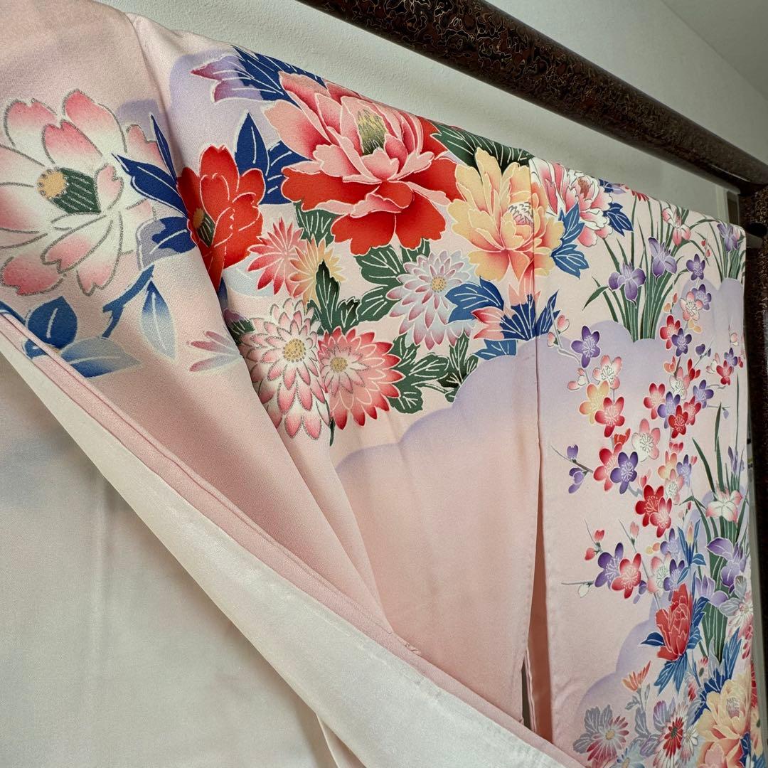 超美品　現代　振袖　成人式　着物　正絹　163裄67 ピンク　紫　パステル