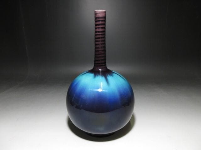 人間国宝 三代徳田八十吉 正彦 耀彩 花生／共箱 栞付き／彩釉磁器巨匠