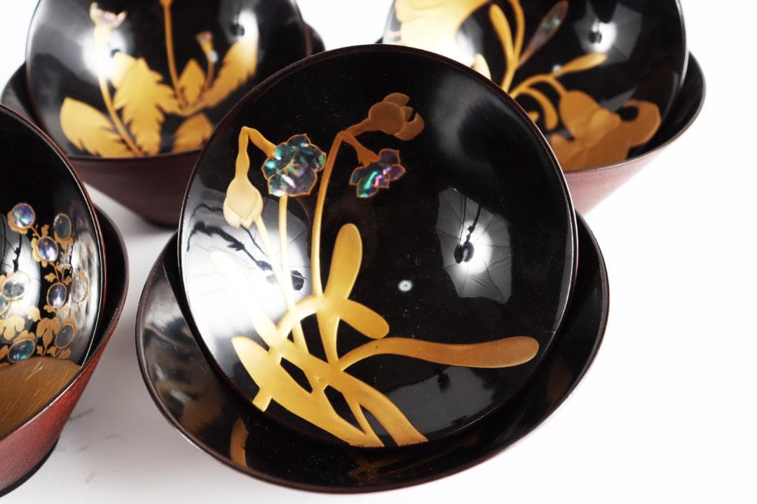 糸目 内梨地 螺鈿 花 図替 吸物椀 五客 蒔絵椀 懐石道具②