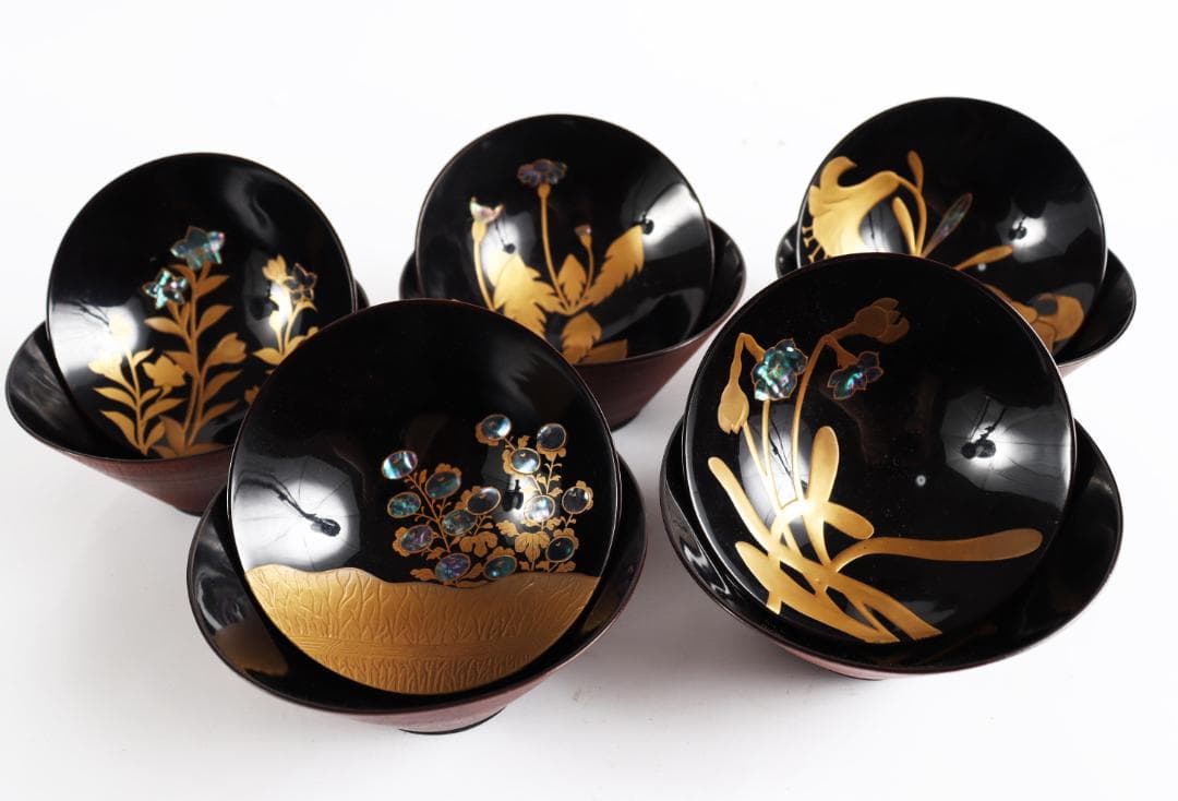 糸目 内梨地 螺鈿 花 図替 吸物椀 五客 蒔絵椀 懐石道具②